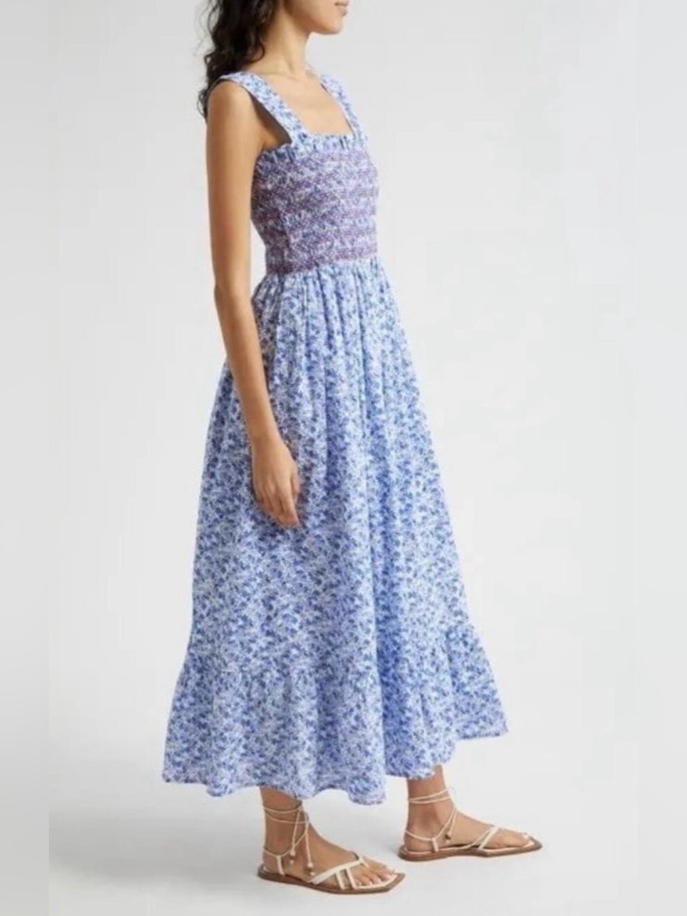 Mille Garden Smocked Cotton Midi Dress size M